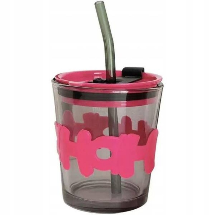 Pahar din sticla cu capac si pai, Ecarla, 300ml