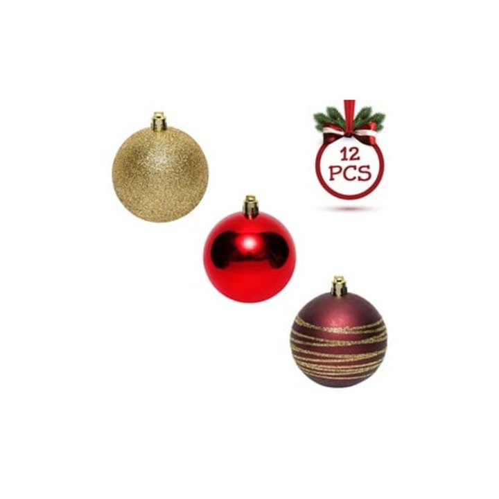Set 12 Globuri De Craciun Rosii Bej Maro Cu Sclipici Ø7 Cm – Decor Elegant Pentru Brad