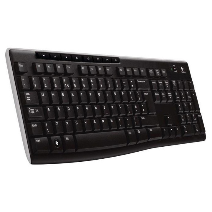 Logitech K270 vezeték nélküli billentyűzet, fekete, USB 2.0, 2 db AAA elem, 8 gyorsbillentyű