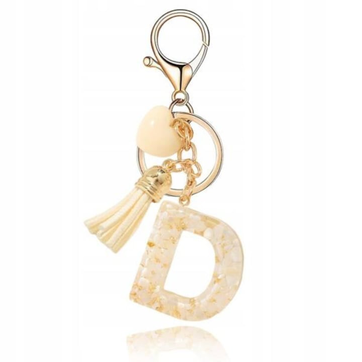 Breloc cu litera D, alb cu fluturas si inimi, Ecarla