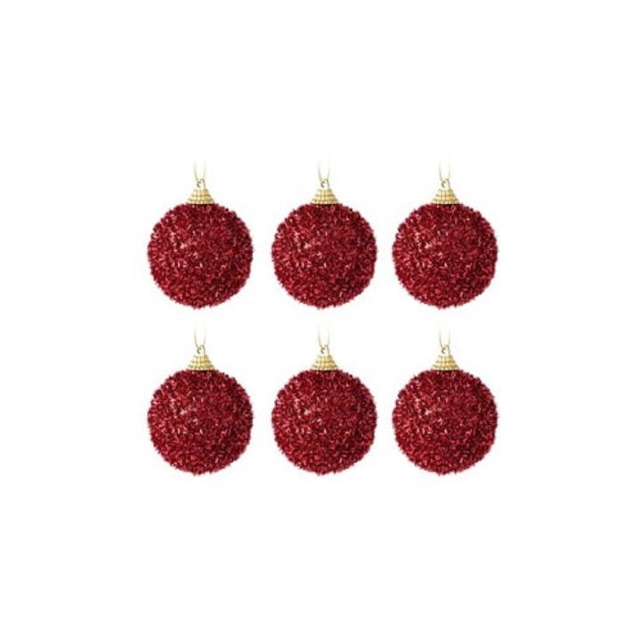 Set 6 Globuri De Craciun Rosii Cu Sclipici Si Tinsel Ø6 Cm – Decor Festiv Pentru Brad