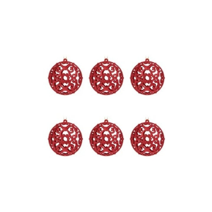 Set 6 Globuri De Craciun Rosii Cu Sclipici Si Model Perforat Ø10 Cm – Decor Festiv Pentru Brad