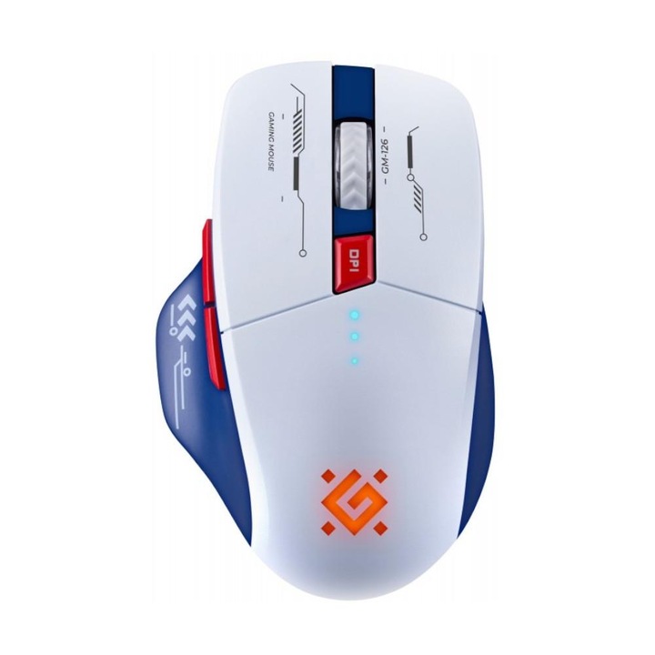 Maus gaming wireless Defender TISA GM-126, 1600dpi, alb-albastru, 6 butoane, acumulator, Bluetooth 2.4 GHz