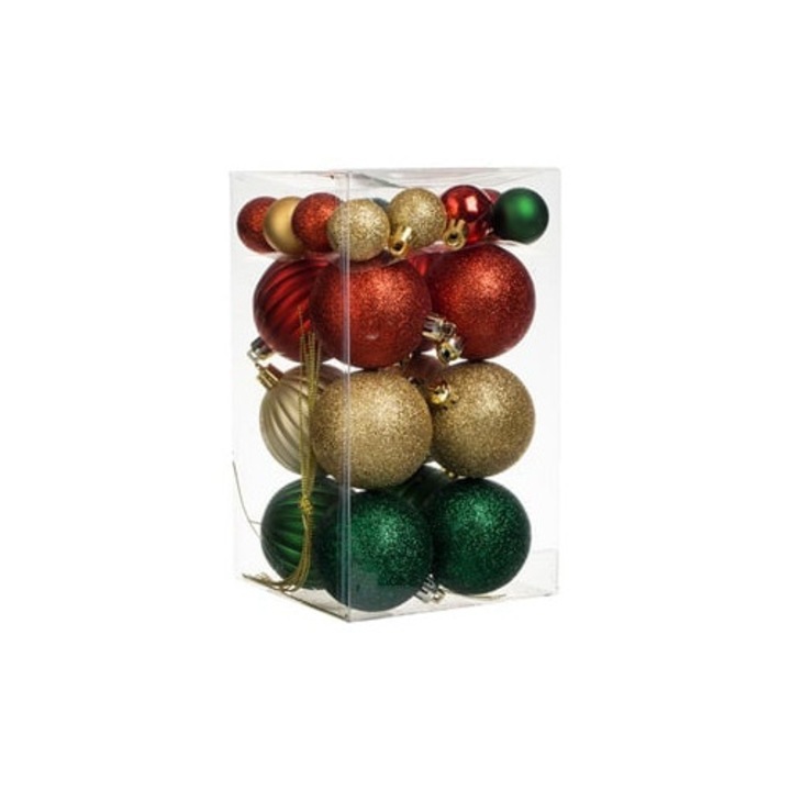Set 24 Globuri De Craciun Verzi, Rosii Si Sampanii Cu Sclipici Ø3 Cm & Ø6 Cm – Decor Festiv Pentru Brad