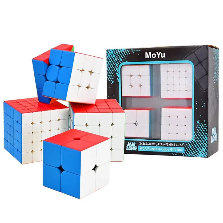 Cub Rubik, Garsonal®, set de 4 bucati MoYu, 2x2/3x3/4x4/5x5 fara autocolante, design neted si anti-aderent, multicolor