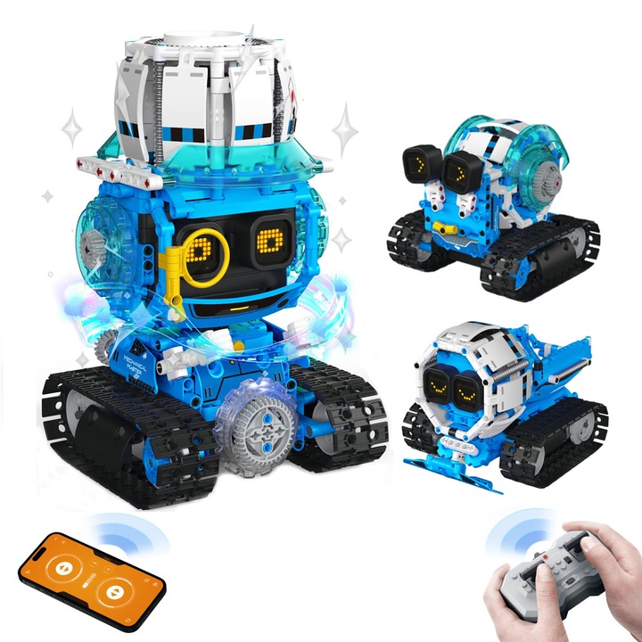 Robot Blocuri Programabil de Jucarie 3 in 1, cu 2.4G Telecomanda si Aplicatie, MorFansi®, Jucarii Interactiva Constructie, Sunet si Ochi LED, Stimuleaza Creativitatea si Gandirea, Incarcare USB, 15x15.5x24cm, 6 ani+, Albastru