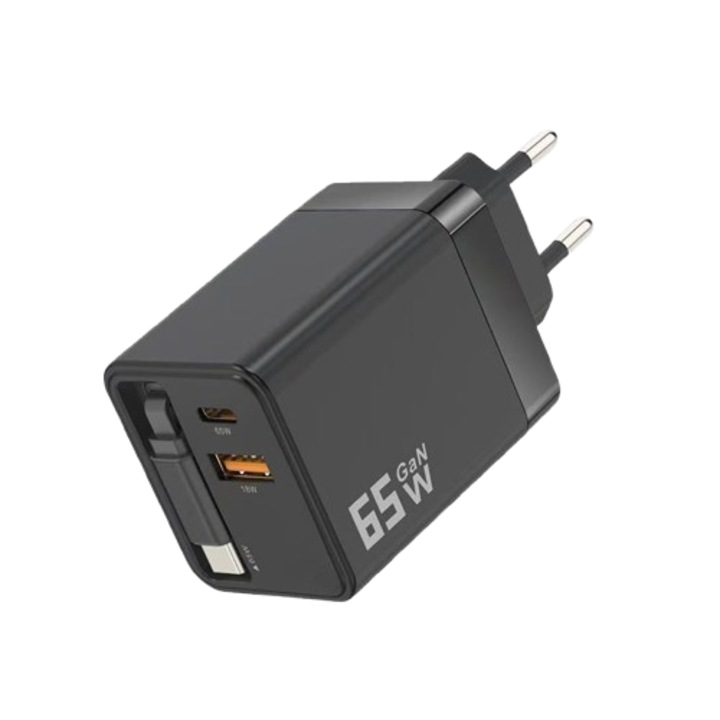 SDLOGAL szupergyors 65W hálózati töltő, és 70 cm-es visszahúzható C típusú kábel, 3 az 1-ben, PD 65W, több mobiltelefonnal kompatibilis, fekete