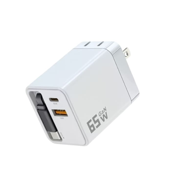 SDLOGAL szupergyors 65W hálózati töltő, és 70cm-es behúzható Type-C kábel, 3 az 1-ben, PD 65W, Több mobiltelefonnal kompatibilis, Fehér