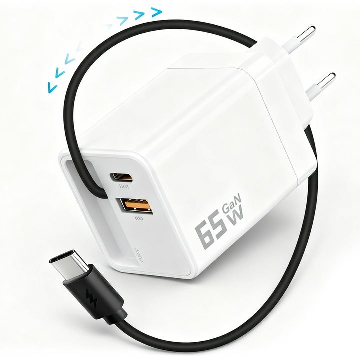 Încărcător Retea SDLOGAL super fast charging 65W, cablu retractabil type-C 70cm, alb, 3 in 1