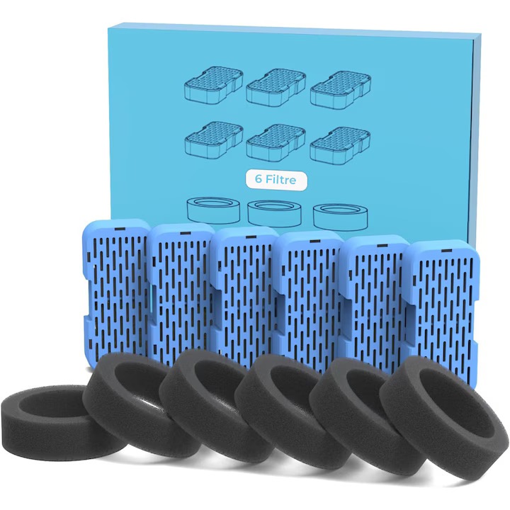 Set 6 filtre de rezervă + 6 bureți pre-filtru pentru fântână de apă Nunbell, filtrare în 4 etape, albastru, 8.4x4.4x1.5 cm
