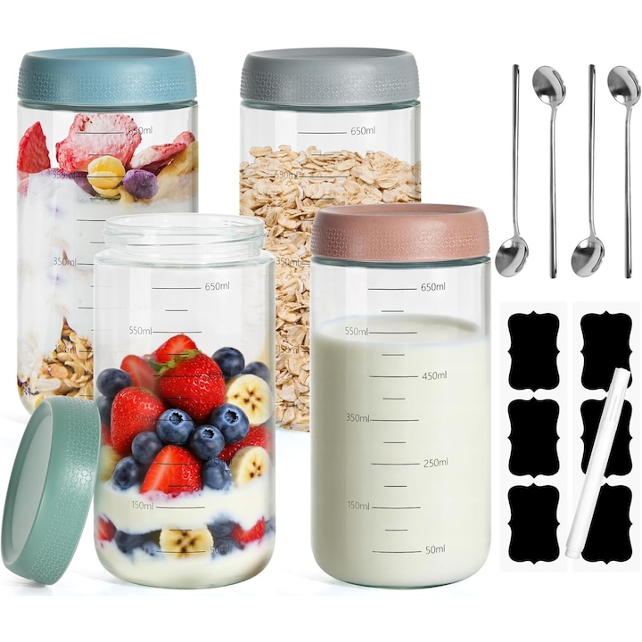 Set 4 Borcane Sticla 750ml cu Capace Etanse, Lingurite Incluse, Transparent, pentru Organizare Alimente