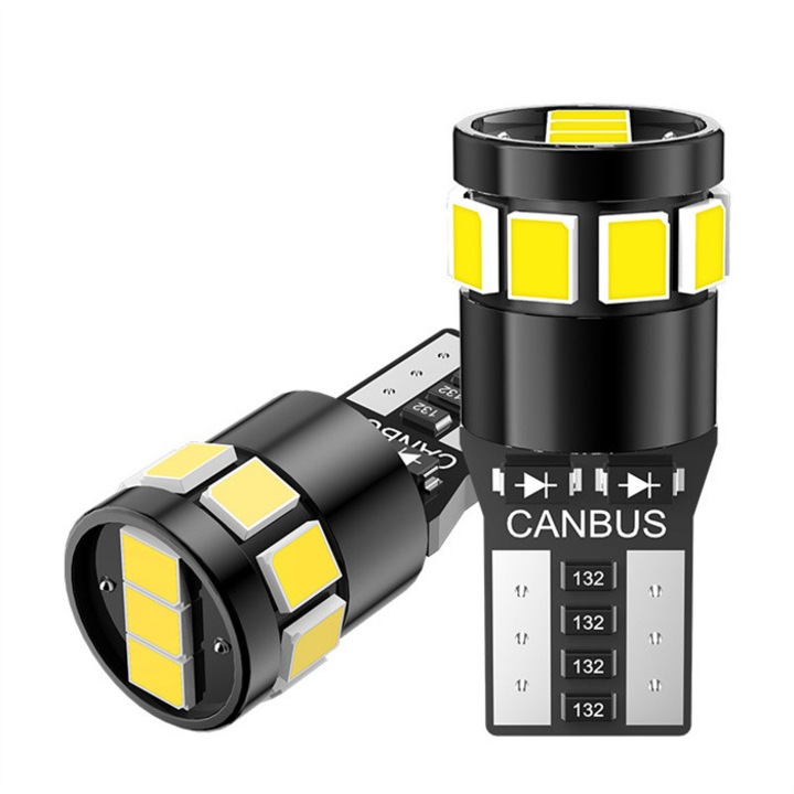 Set 2 Becuri LED T10, 12V, 12 margele LED, lumina alba 6000k, pentru pozitie si semnalizare