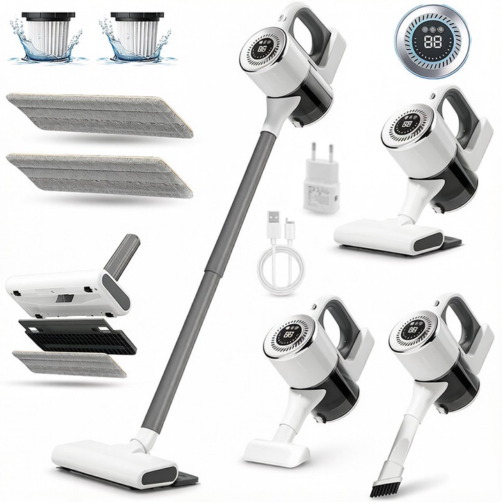 Aspirator vertical Fara Fir 2 in 1, Functie de Mop, 3 Capete incluse, 2 cartuse filtrante, Autonomie 35 minute, 100W, 15000Pa, 3 Trepte Putere, Filtrare HEPA, baterie 2000mAh, incarcare Type-C, Cap Flexibil 180°, recipient praf 880ml, filtrare 96.99%, Alb