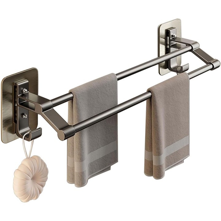 Suport prosop dublu, negru, 50x7cm, cu carlige, aluminiu