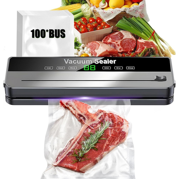 Élelmiszer vákuumozó és lezáró készülék, 120W, 60kpa, 5 nedves/száraz/lágy vákuum funkció, 100 db 20x25cm-es tasakkal, UV sterilizálás, érintőképernyős vezérlőpanel, 30 cm-es hegesztőrúd, beépített vágó, automatikus hegesztés és vákuum funkció, szürke