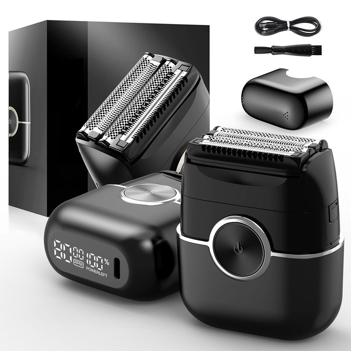 Mini borotva FK-706 sorozat, 4 penge, 36db, 50 perc Li-Ion autonómia, vezeték nélküli, nedves/száraz használat, ultra-gyors lineáris motor, 3 állítható sebesség, LCD kijelző, utazáshoz, fekete