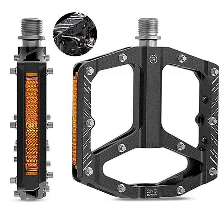 Педали за велосипед MTB, Комплект 2 алуминиеви педала за велосипед, Водоустойчиви и противоплъзгащи, Универсални, Ергономични, Издръжливи и здрави, Лагер DU, Светлоотразителни ленти, За MTB, BMX, Шосейни велосипеди, 105*107*25mm, Черни