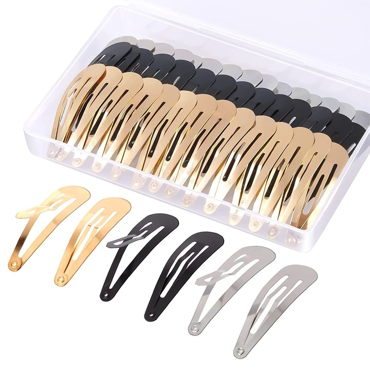 Set 60 agrafe metalice pentru par cu cutie de depozitare, 5cm, aurii, argintii, negre, PARAFASA