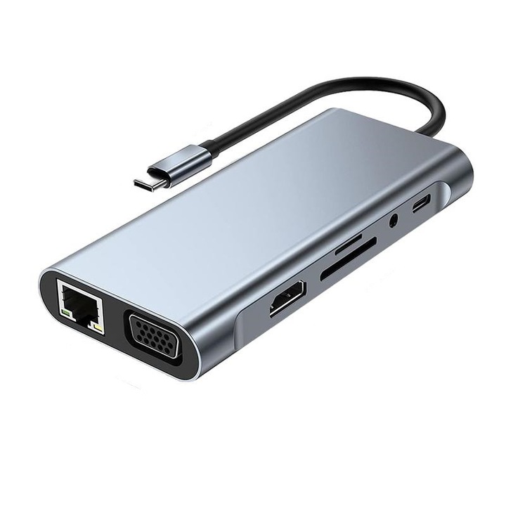 USB-C хъб, Rqiurpn, 11 в 1, Сребрист