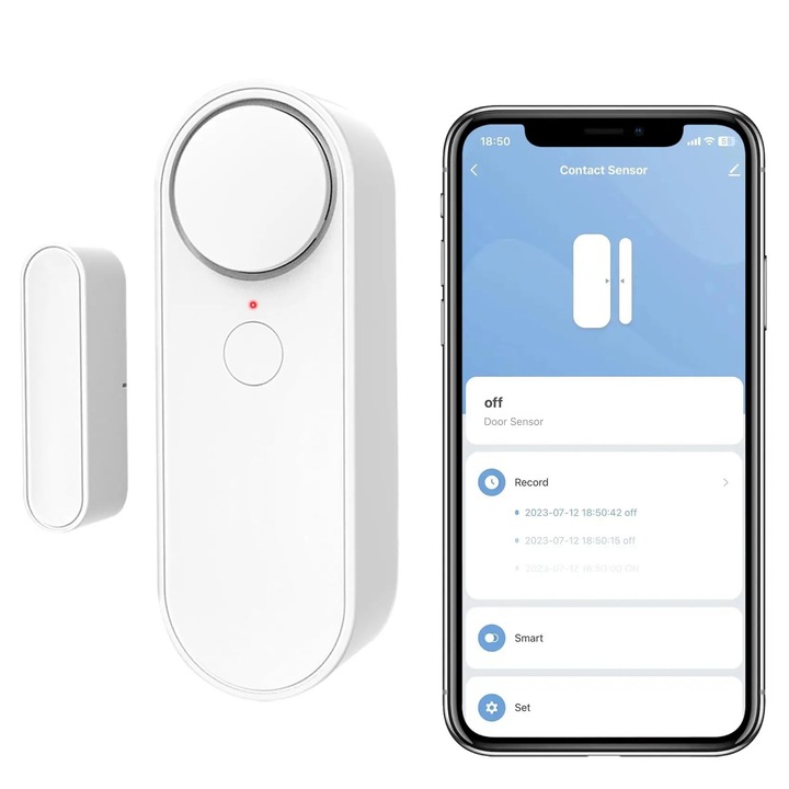 WIFI Alarma antiefractie pentru usi si ferestre, Garsonal ®, certificare UE, conectat la WiFi, functioneaza cu TUYA SMARTLIFE Alexa Google Assistant, design compact, alb