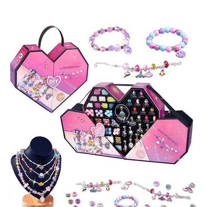 Set de artizanat 1388 piese, Duueyct, kit de realizare bratari, cutie de transport in forma de inima, roz