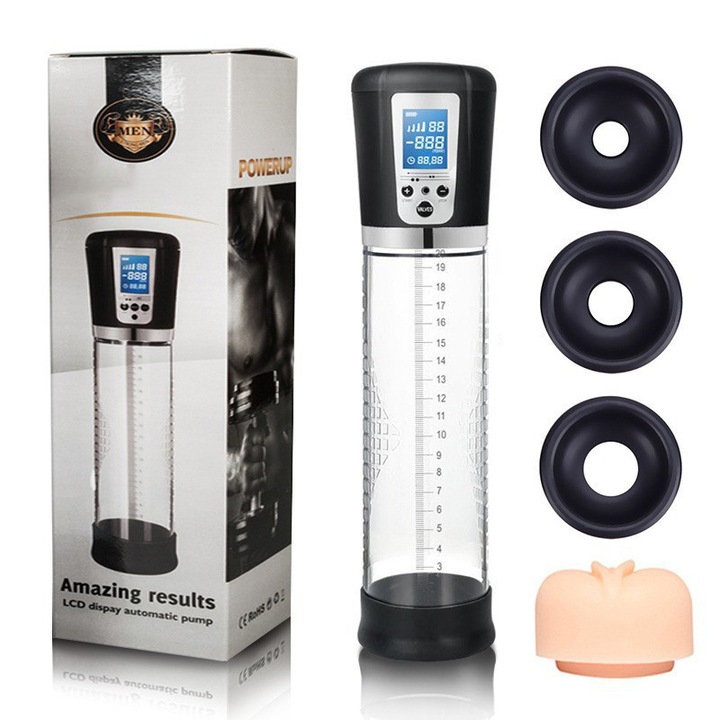 Автоматична помпа за пенис, Omelivon, 4 нива на налягане, черна, 28см, пълен комплект