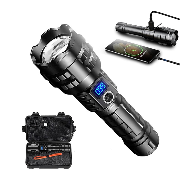 LED фенер Omelivon 2400 лумена, презареждаем USB-C, черен, 5000mAh, компактен, издръжлив, IP67, 10-12 часа автономна работа