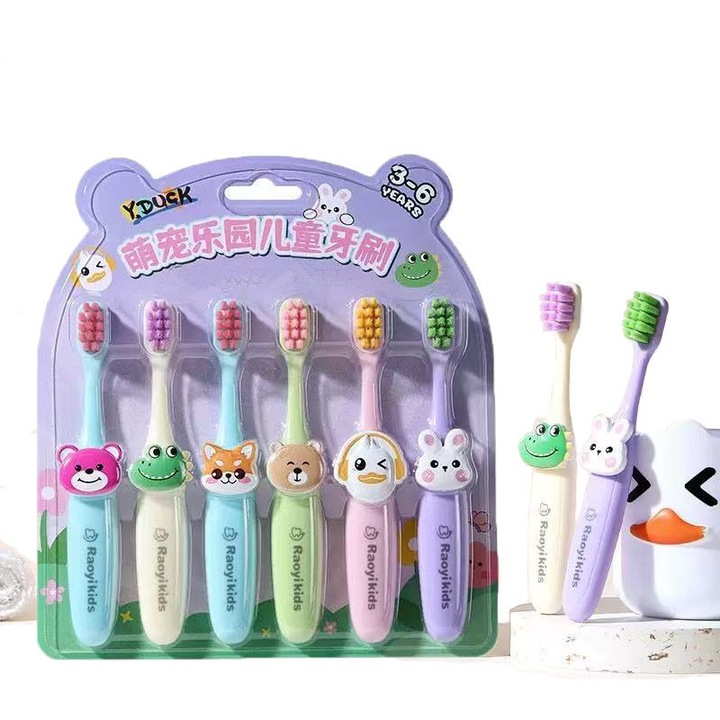 Комплект от 6 детски четки за зъби, ултра-меки PBT влакна, анимационен дизайн, 13.8x2см