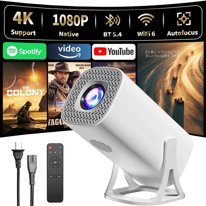 Преносим видеопроектор, SDLOGAL, интелигентен 4K Ultra HD видеопроектор с дистанционно управление, с Android 11, WiFi 6, автоматична корекция на трапецовидното изкривяване, съвместим с Android/iOS, бял