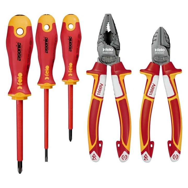 FELO 5 darabos szerszámkészlet villanyszerelőknek, 3 VDE Ergonic csavarhúzó, VDE kombinált fogó 180, VDE oldalcsípőfogó 160, 1000 V-ig szigetelt