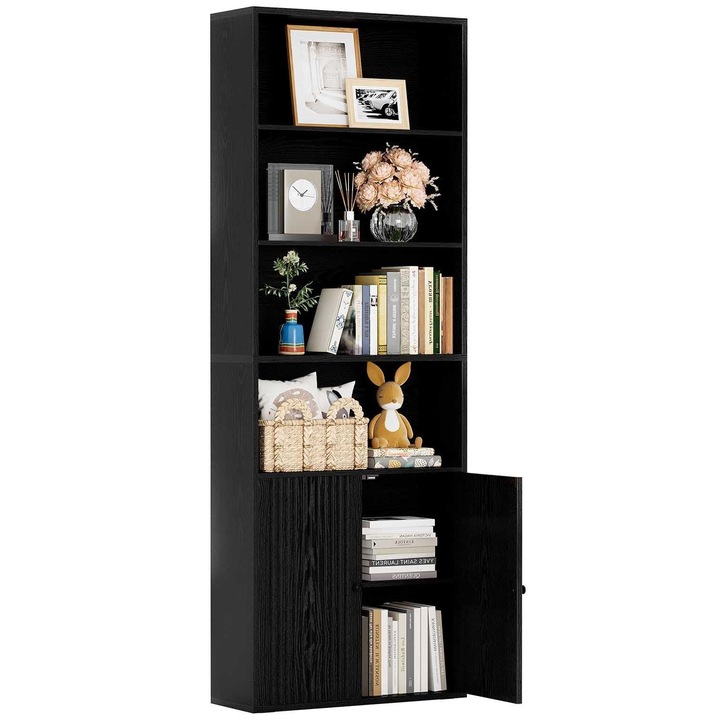 IRONCK könyvespolc ajtókkal, 6 szintes, fa, fekete, 180x60x23.5 cm