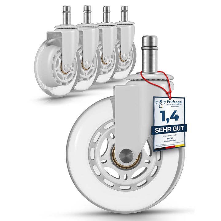 Ewesk® 5 db-os görgőszett irodai székekhez, fehér – Csendes görgők kemény padlókhoz 10x22 mm – Nincs többé szőnyeg – Univerzális görgők Ikea irodai székekhez, fehér