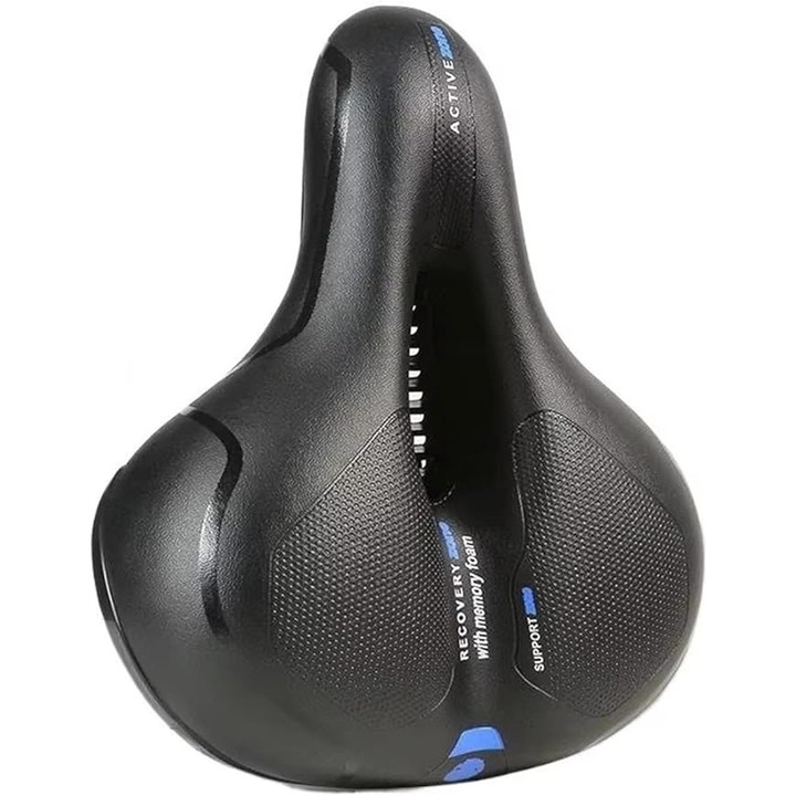 Удобна седалка за велосипед, с дръжки и система за абсорбиране на удари, водоустойчива, черно и синьо, 26x21см