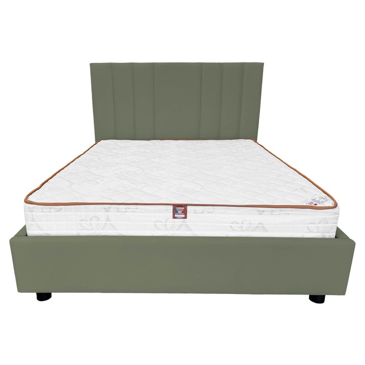 Pat dublu tapitat Eron cu picioare, spatiu de depozitare si somiera rabatabila, verde maslin, 140x200