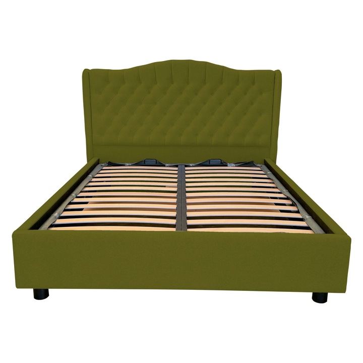 Pat dublu tapitat Rivento cu picioare, spatiu de depozitare si somiera rabatabila, verde maslin, 160x200