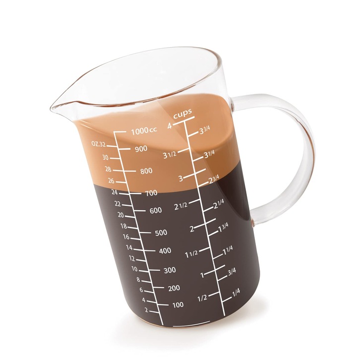 Newness 1000ml-es üveg mérőpohár fogantyúval, három skálával, V-alakú kiöntővel