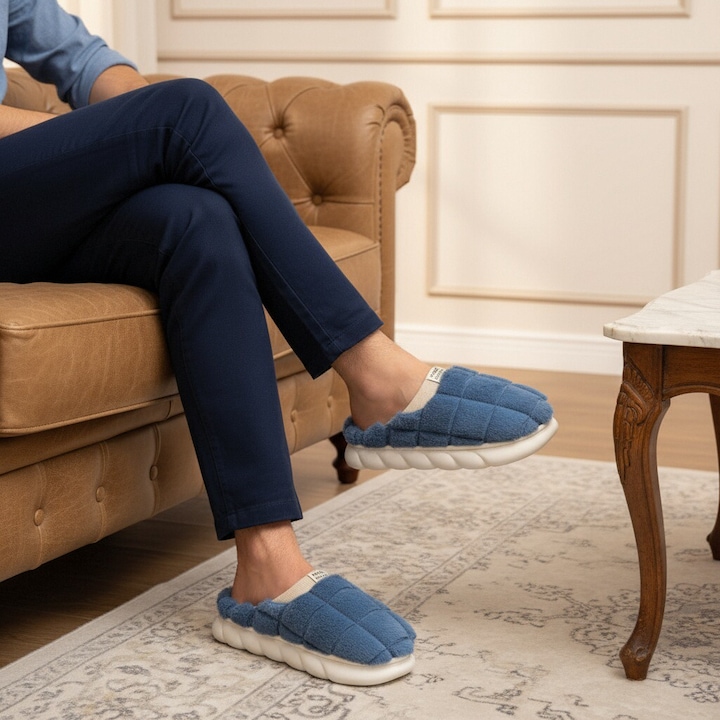 Papuci de casa pufosi si caldurosi, pentru barbati, D308, albastru, 42-43