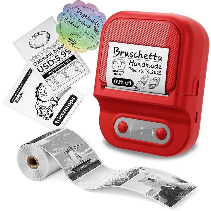 Imprimanta termica, 203 DPI, latime de imprimare 12-58 mm, suporta conexiune APP, baterie 1100 mAh, reincarcabila USB, portabila, rosu