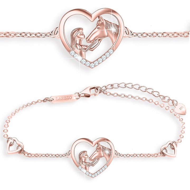 Bratara din argint 925 cu motiv de cal si inima, Larezo, cu pietre zirconiu, placat cu aur, 16cm + 3cm, set complet cu cutie de bijuterii