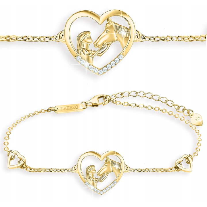 Bratara dama din argint 925, placat cu aur 585, zirconiu, motiv cal si inima, 16cm + 3cm, set complet cu cutie de bijuterii