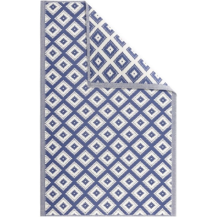 Covor pentru exterior JEMIDI, 120x180cm, polipropilena, rezistent la intemperii, usor de curatat, pentru balcon/terasa, Alb/Albastru