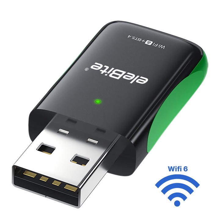 WiFi 6 + Bluetooth 5.4 адаптер, eleBite, 1100 Mbps, двубандов 2.4G/5G, гореща точка, plug and play, 40x24x14 мм, черен
