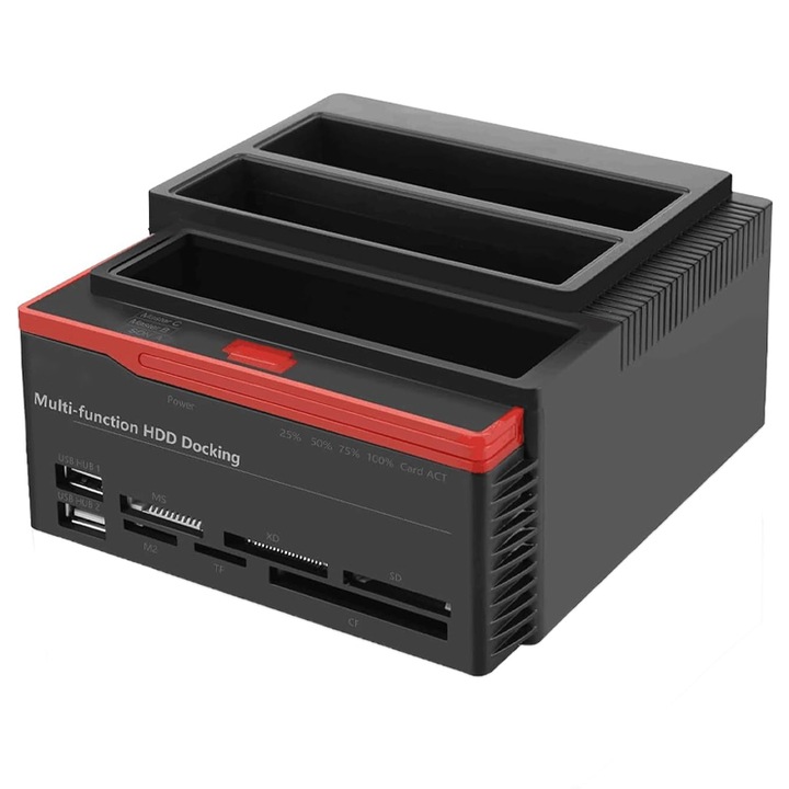 Statie de Andocare cu Trei Hard Disk, Duueyct, USB 2.0/3.0, SATA I/II/III, 2.5/3.5 inch, Cloner Inteligent, Cititor Carduri, Hub, Transfer Rapid 5Gbps, Poate Citi al Doilea in Acelasi Timp, Puternic, Compatibil pe Scara Larga, Transfer Date, Negru