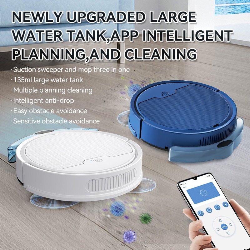 Aspirator Robot, Omelivon, Aspirator si Mop, 3.7V/ 3000 mAh, putere Aspirare 1100Pa, Autonomie 80 min, Recipient praf: 510 ml, Rezervor Apa 135 ml, Acumulator Incarcare, Control Aplicatie, Silentios, Alb