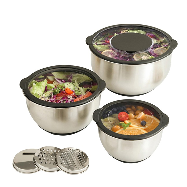 Bol Transparent Din Otel Inoxidabil Yunydsm, 4, 5 L/2, 5 L/1, 5 L, Set De Boluri De Bucatarie Cu 3 Accesorii Pentru Razatoare, Boluri De Salata Stivuibile, Potrivit Pentru Masina De Spalat Vase Pentru Amestecarea/Servirea Mancarii