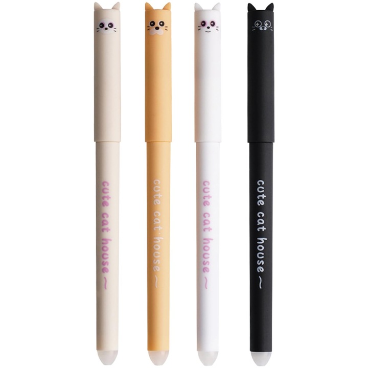 Set 4 pixuri gel cu design pisicuta, negru, 0.5mm, radiera integrata