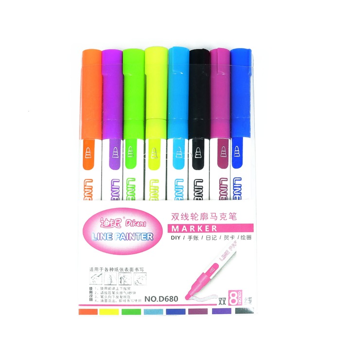 Set 8 markere contur dublu, metalic, multicolor, 14cm