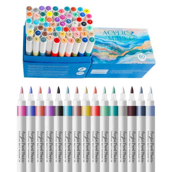 Комплект от 60 акрилни маркера, мастило на водна основа, бързосъхнещи, живи цветове