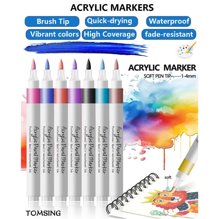 Set de 36 markere acrilice cu varf de pensula, culori vibrante, rezistente la apa, pentru diverse suprafete