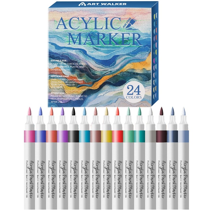 Set markere acrilice 24 culori, varf pensula flexibil, multicolor, diverse dimensiuni linie